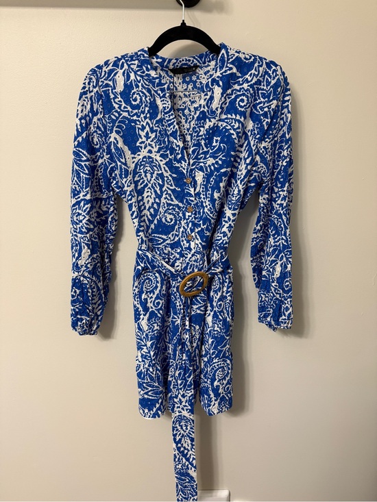Zara Dresses & Skirts - Zara Blue & White Paisley Long Sleeve Shirt Dress with Waist Tie